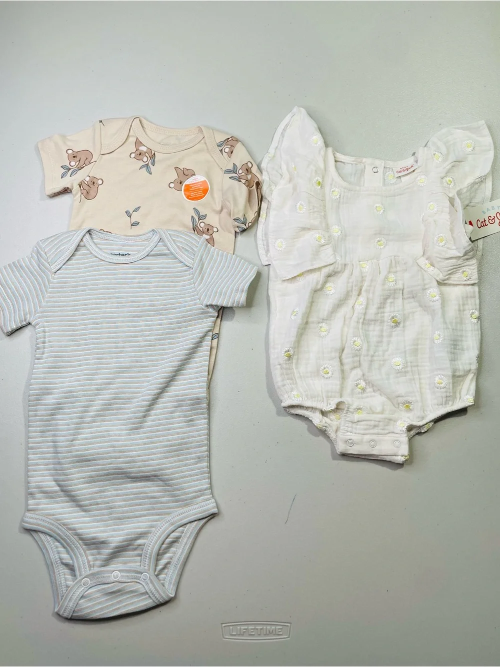 NWT Cat & Jack 12 Months White Daisy Embroidery Romper & NWOT Carter 12 M 2 Pack